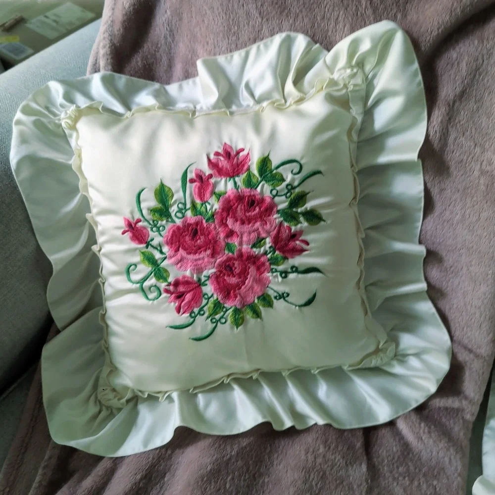 Vintage Satin Ruffle Embroidered Pillows Set of 2 Pink Floral Cottagecore Frilly